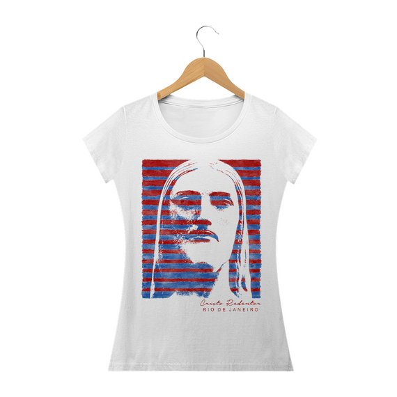 Camiseta Feminina Cristo Redentor azul e vermelho