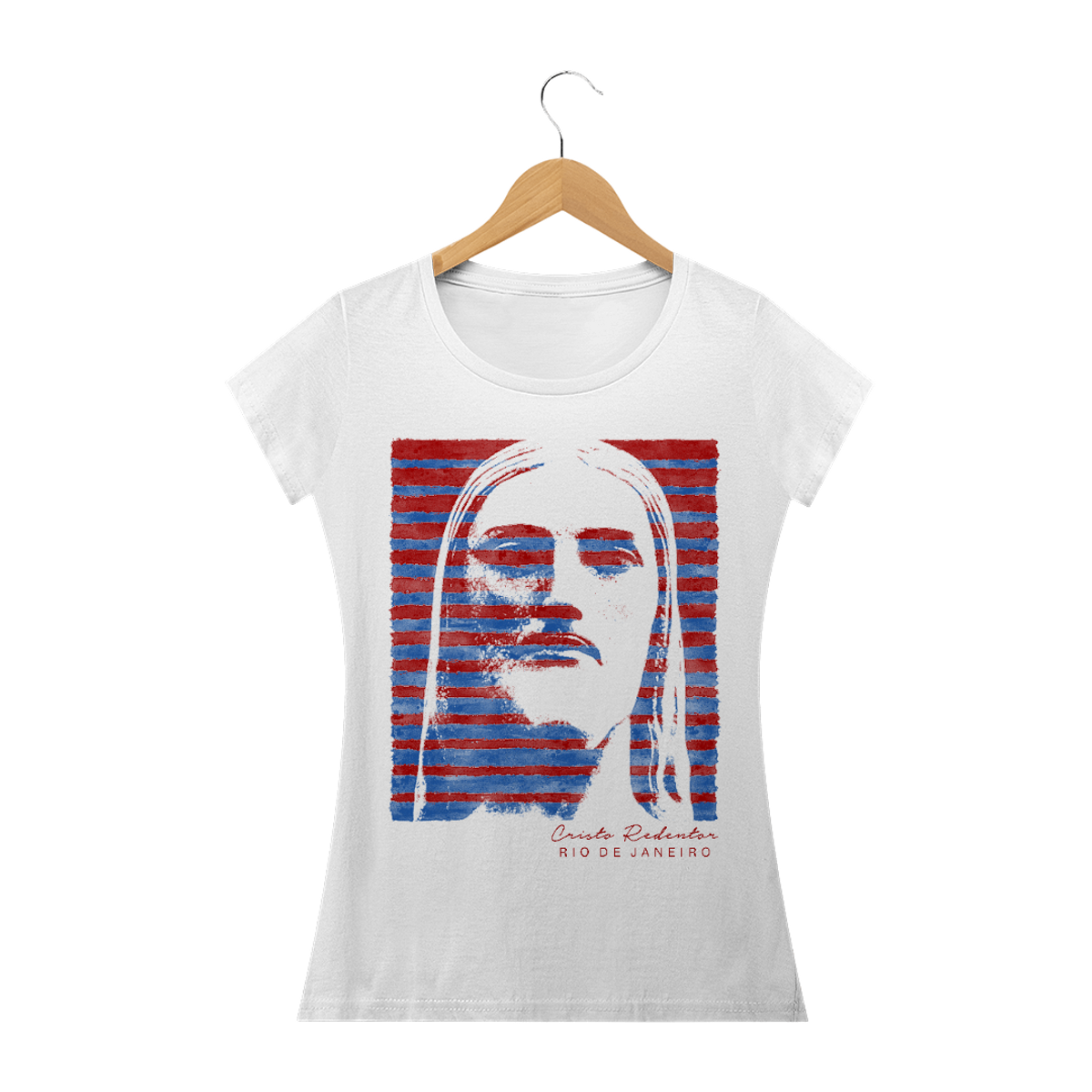 Nome do produto: Camiseta Feminina Cristo Redentor azul e vermelho