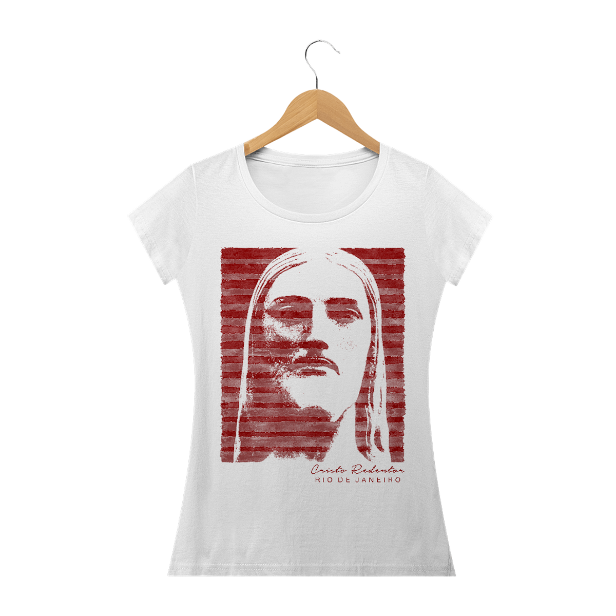 Nome do produto: Camiseta Feminina Cristo Redentor listras vermelhas