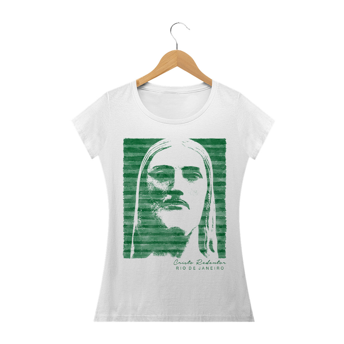 Nome do produto: Camiseta Feminina Cristo Redentor listras verdes