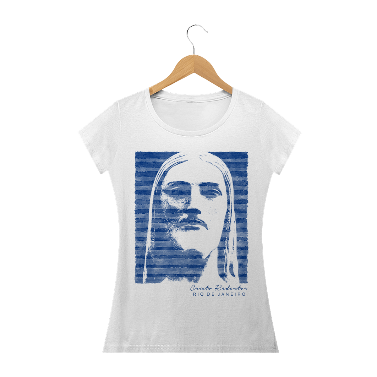 Nome do produto: Camiseta Feminina Cristo Redentor listras azuis