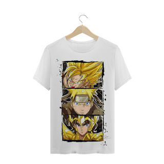 Camiseta Heróis Dourados - Goku, Naruto e Seya