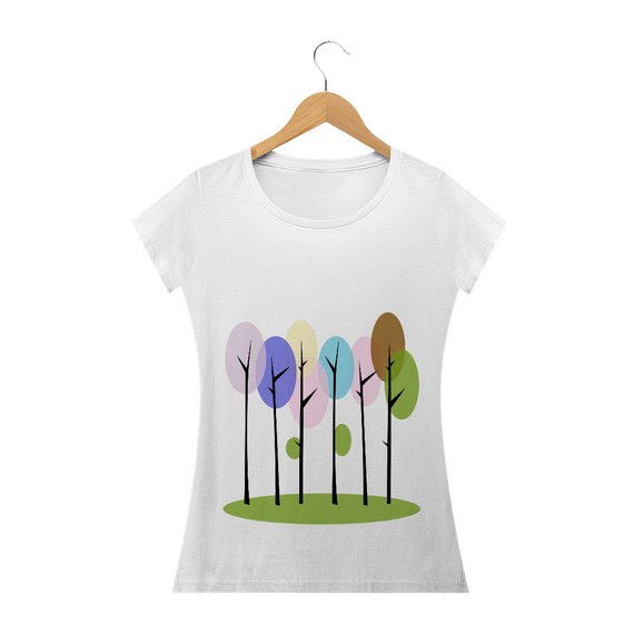 Camiseta Baby Long Quality Feminina Estampa Desenho Árvores Coloridas