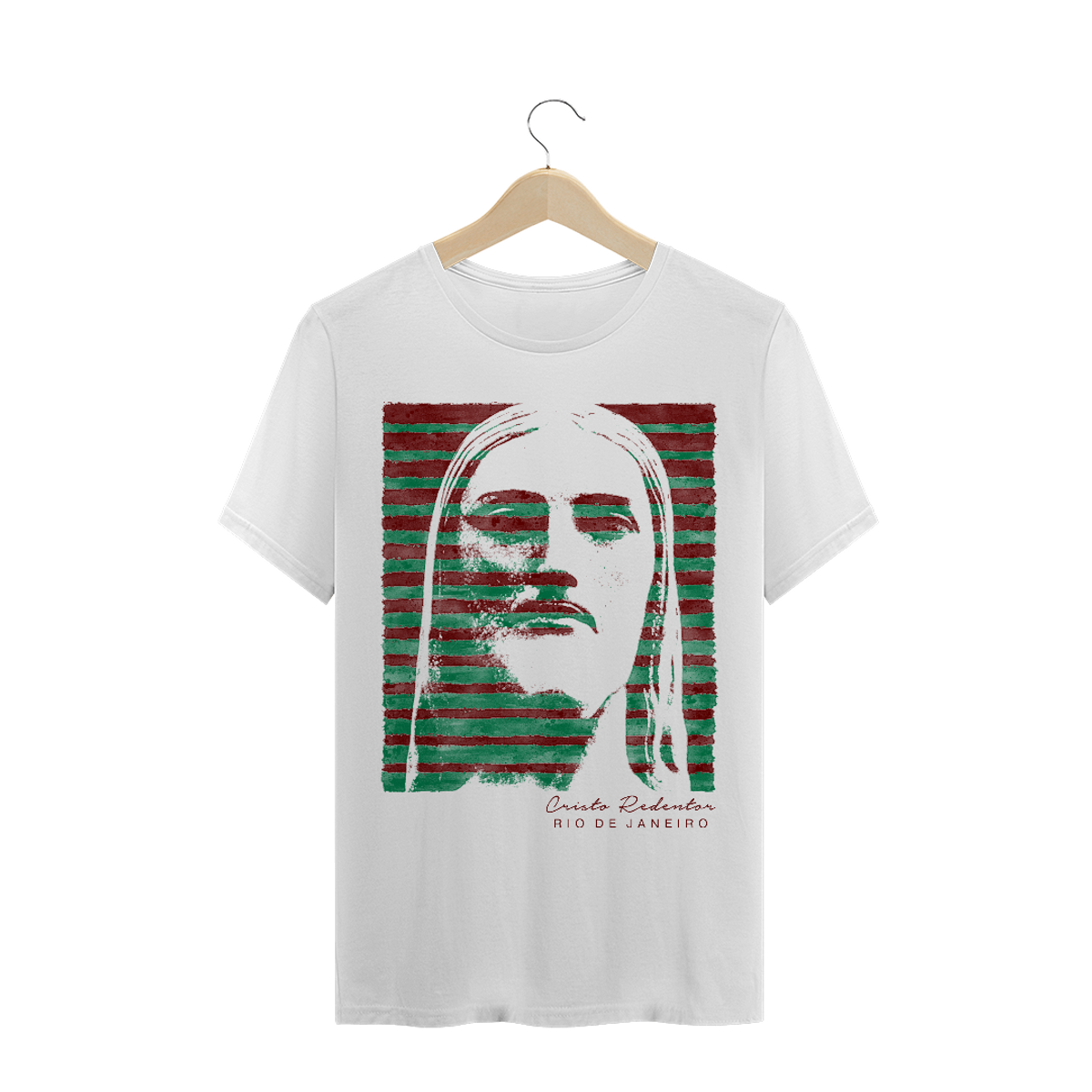 Nome do produto: Camiseta Masculina Cristo Redentor verde e grená