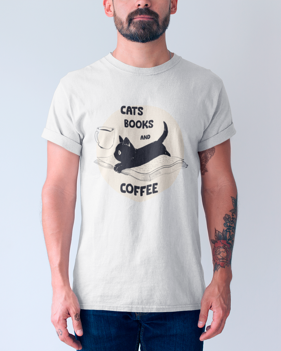 Nome do produtoCamiseta Cats, books and coffee