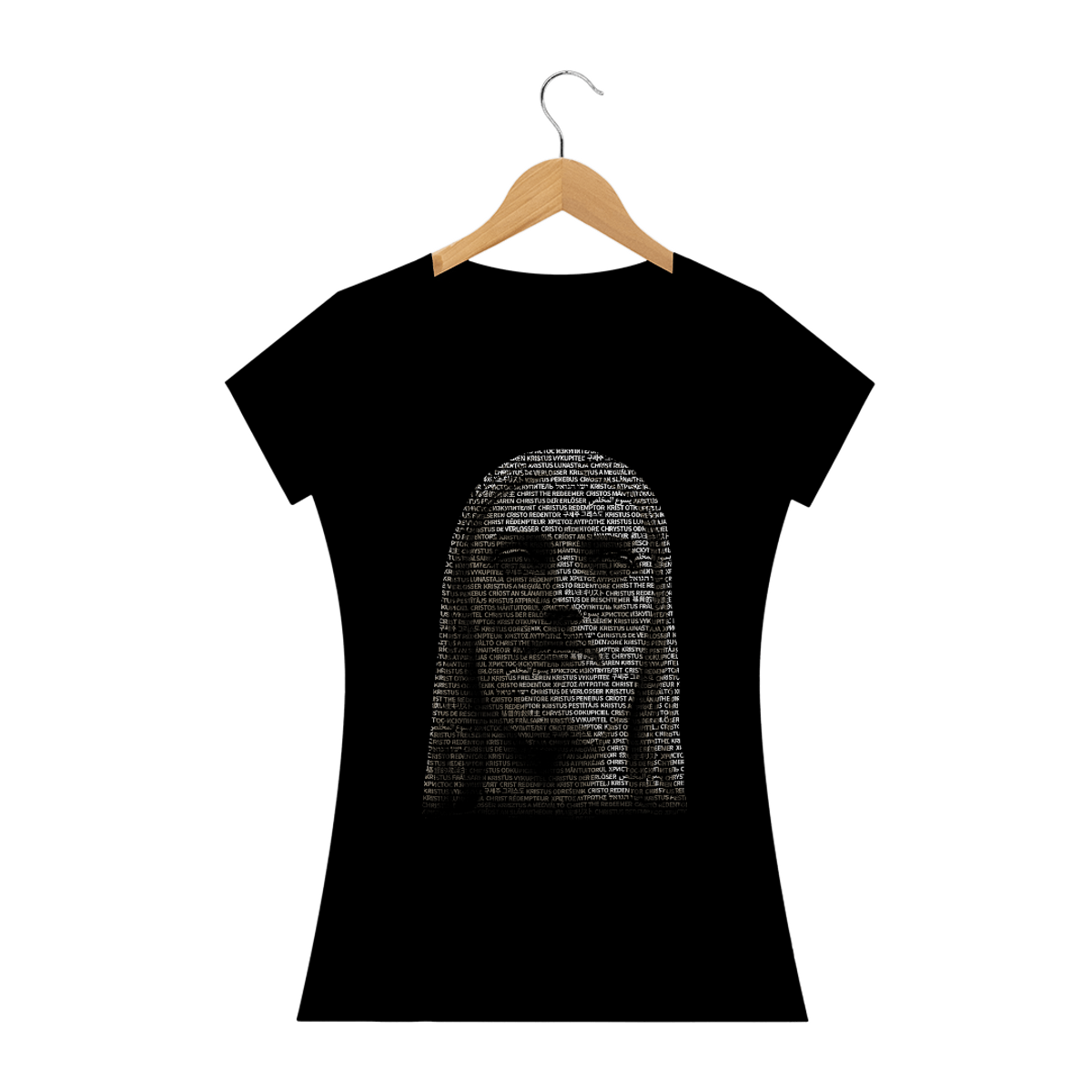 Nome do produto: Camiseta Feminina Cristo Redentor rosto em 35 línguas