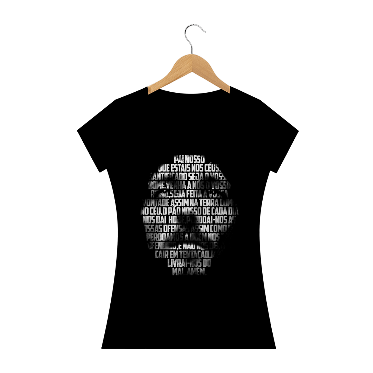 Nome do produto: Camiseta Feminina rosto de Jesus com Pai Nosso