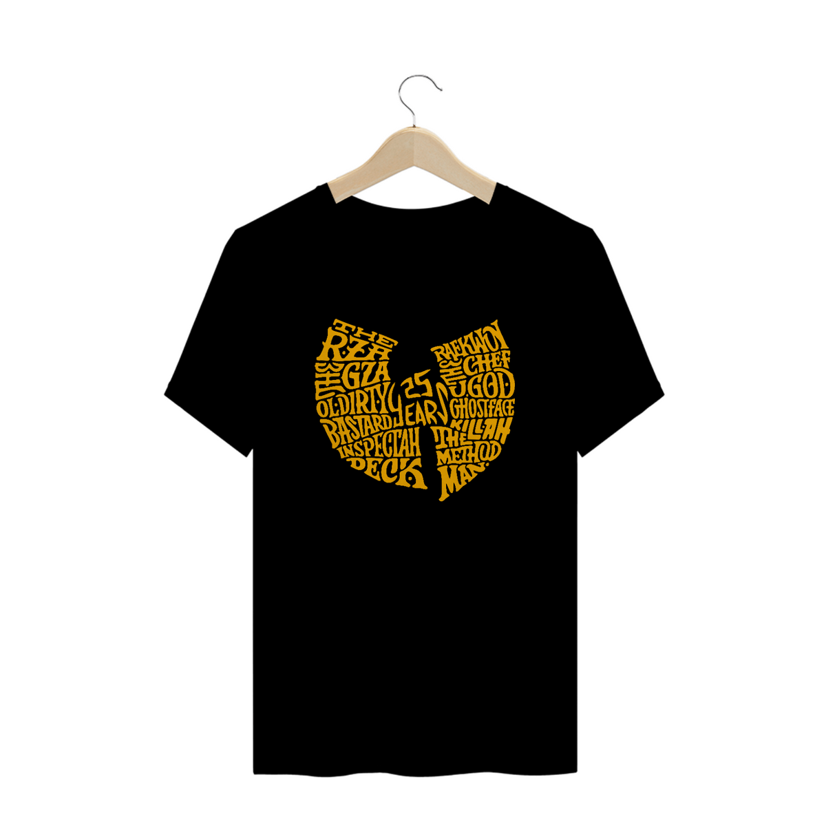 Nome do produto: Camiseta de Malha Prime Wu Tang Clan 25 Anos Logo Amarelo