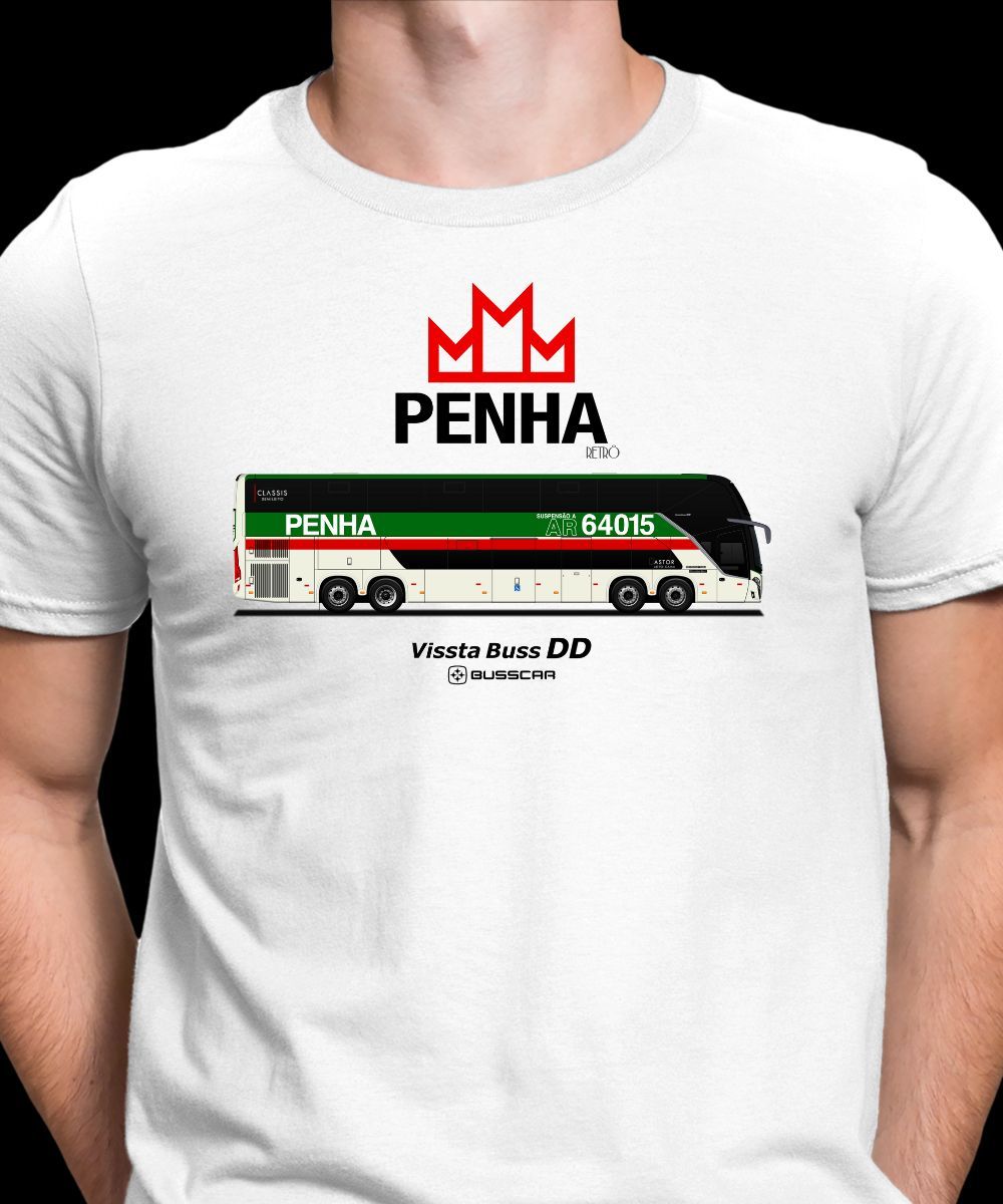 Nome do produto: CAMISETA DESENHO DE ÔNIBUS PENHA RETRÔ BUSSCAR VISSTA BUSS DD 