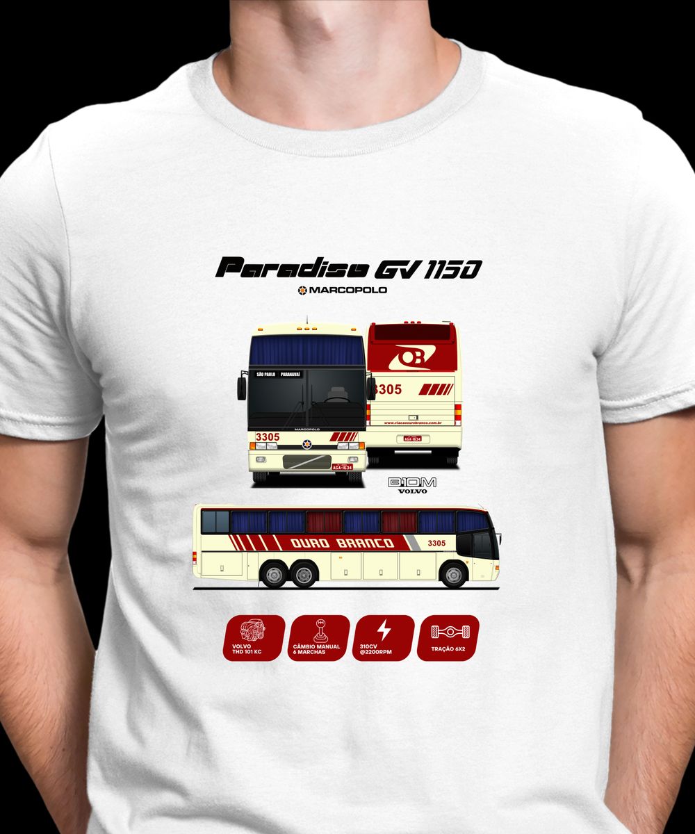 Nome do produto: CAMISETA DESENHO ÔNIBUS VIAÇÃO OURO BRANCO MARCOPOLO GV 1150 