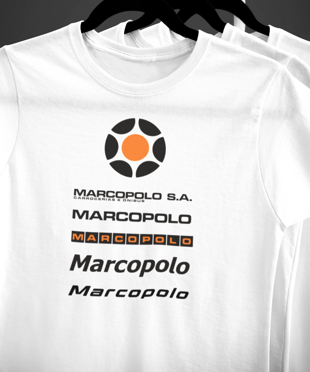 Nome do produto: CAMISETA MASCULINA EVOLUÇÃO DOS LOGOS DA MARCOPOLO