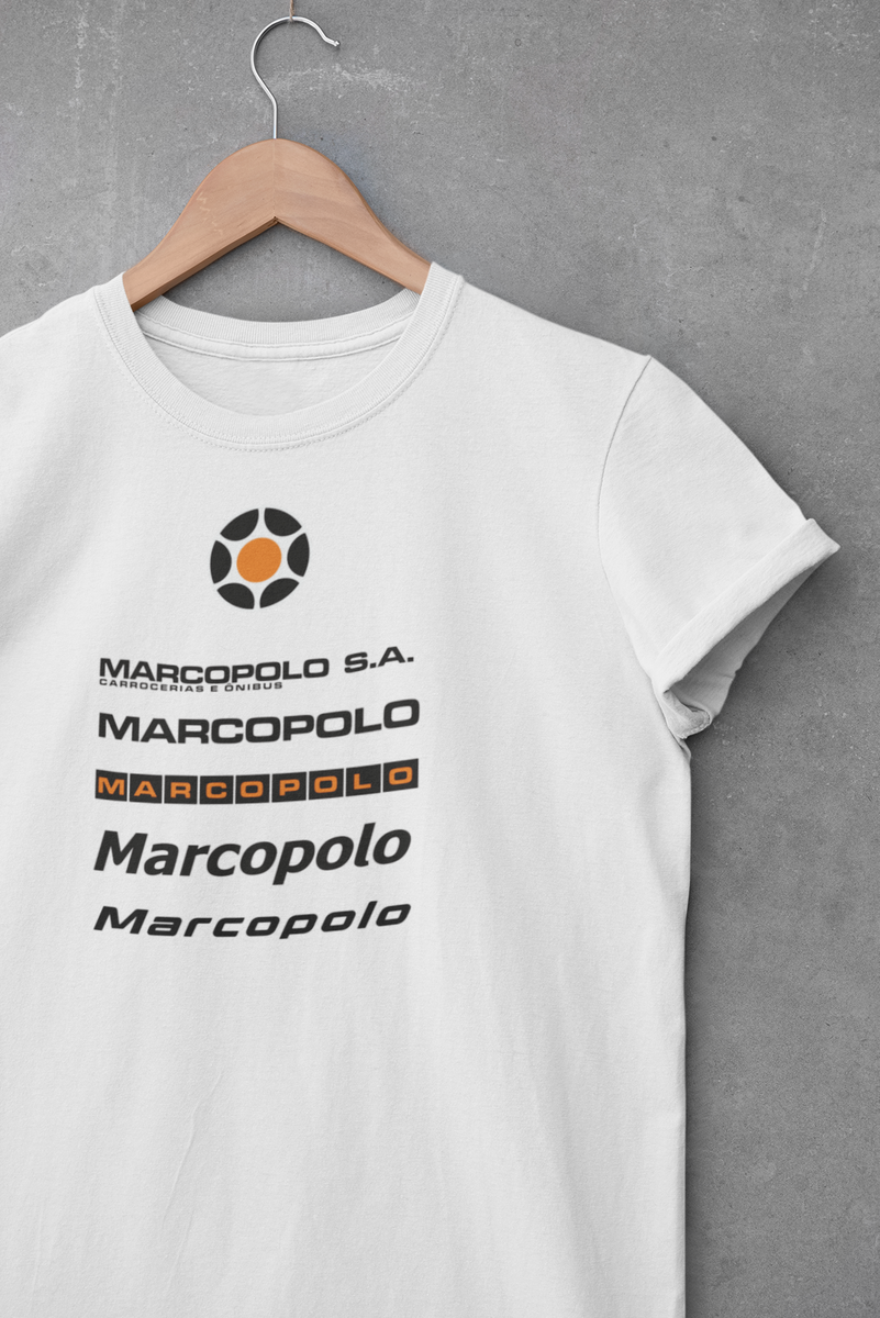 Nome do produto: CAMISETA FEMININA BABY LOOK MARCOPOLO EVOLUÇÃO LOGOTIPOS