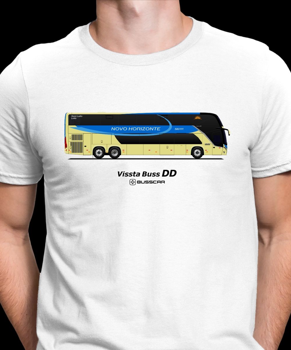 Nome do produto: CAMISETA ÔNIBUS NOVO HORIZONTE BUSSCAR VISSTA BUSS DD 