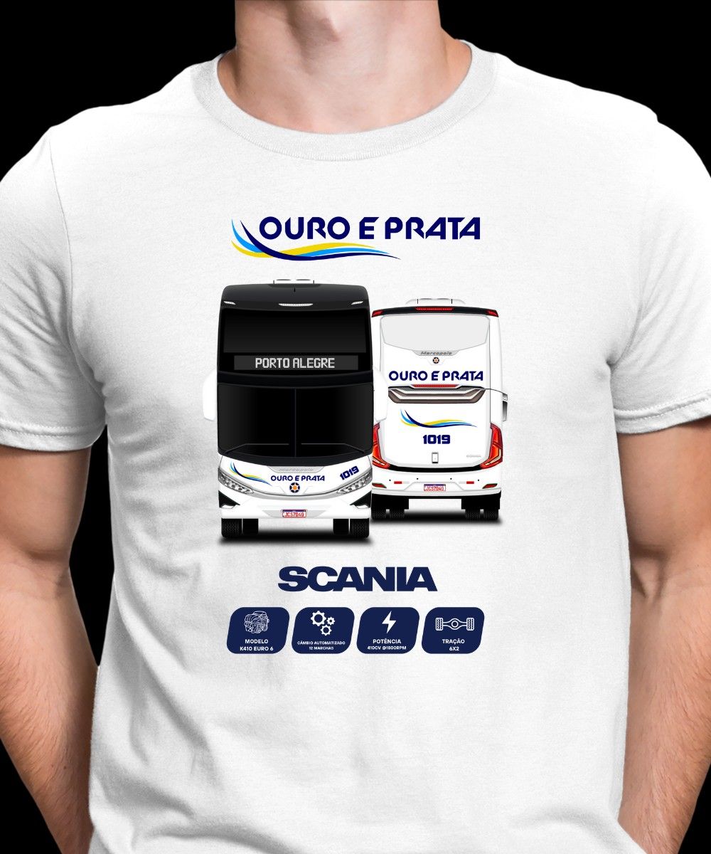 Nome do produto: CAMISETA DE ÔNIBUS VIAÇÃO OURO E PRATA MARCOPOLO G8