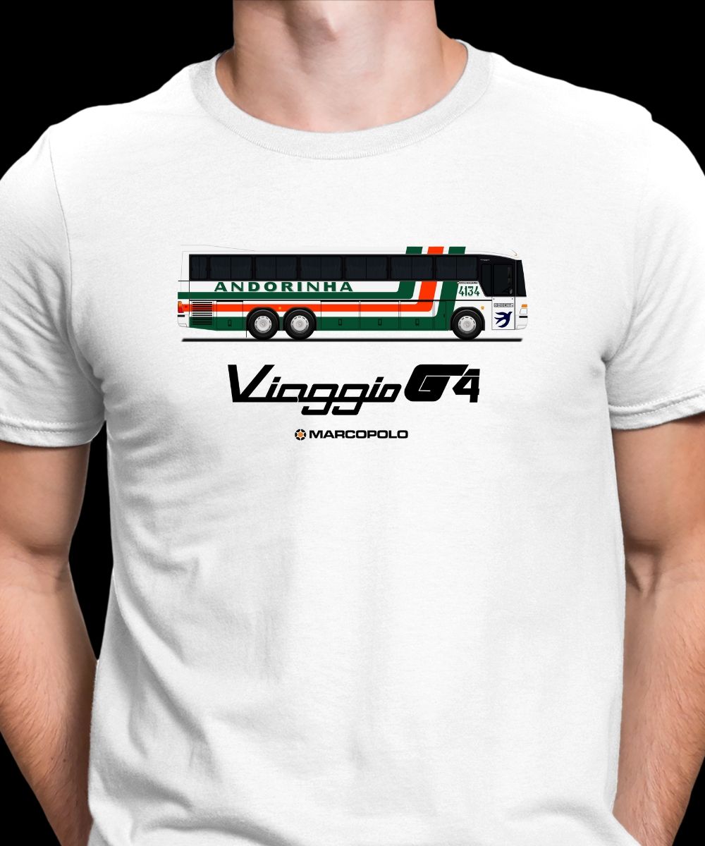 Nome do produto: CAMISETA DESENHO ÔNIBUS ANDORINHA MARCOPOLO VIAGGIO G4 