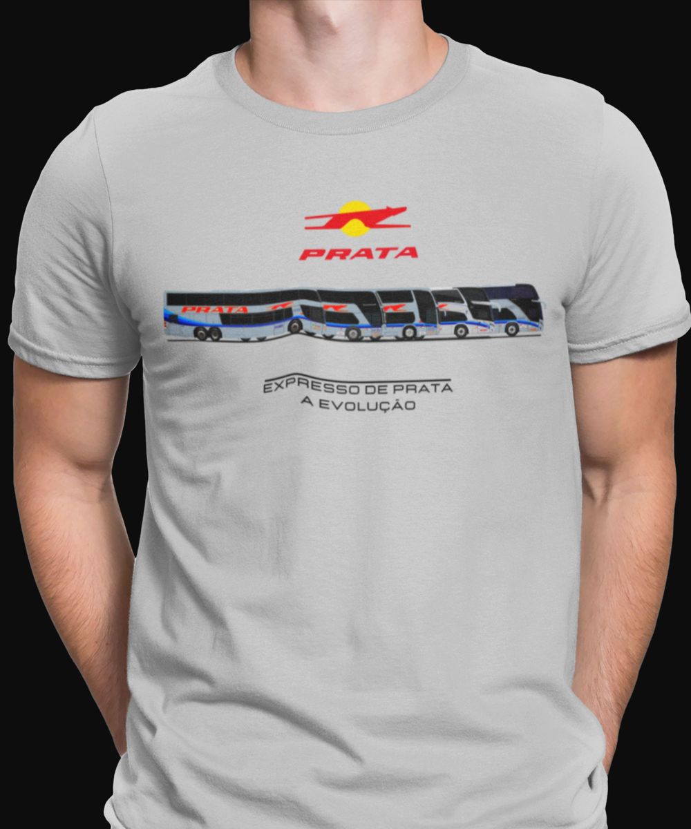 Nome do produto: CAMISETA ÔNIBUS EXPRESSO DE PRATA EVOLUÇÃO DOS DOUBLE DECKERS