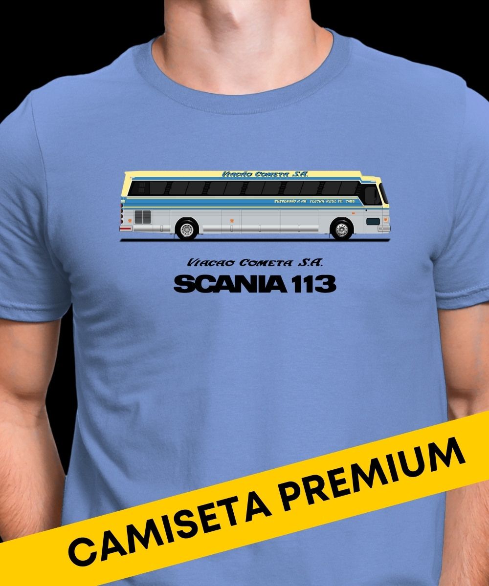 Nome do produto: CAMISETA ÔNIBUS VIAÇÃO COMETA CMA FLECHA AZUL MALHA PREMIUM