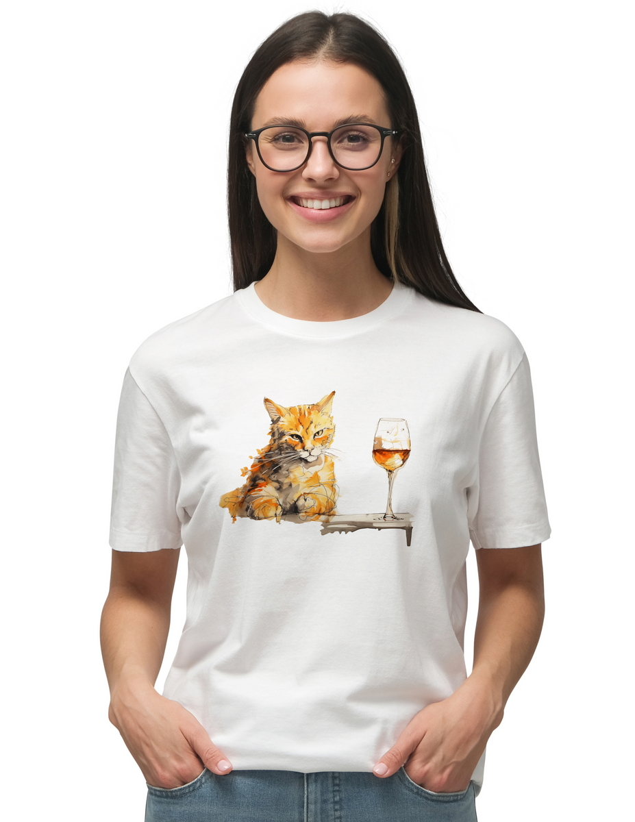 Nome do produto: Camiseta - Gato Laranja com Vinho