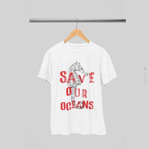 Save Our Oceans - Camiseta Estampa Cavalo Marinho Branca