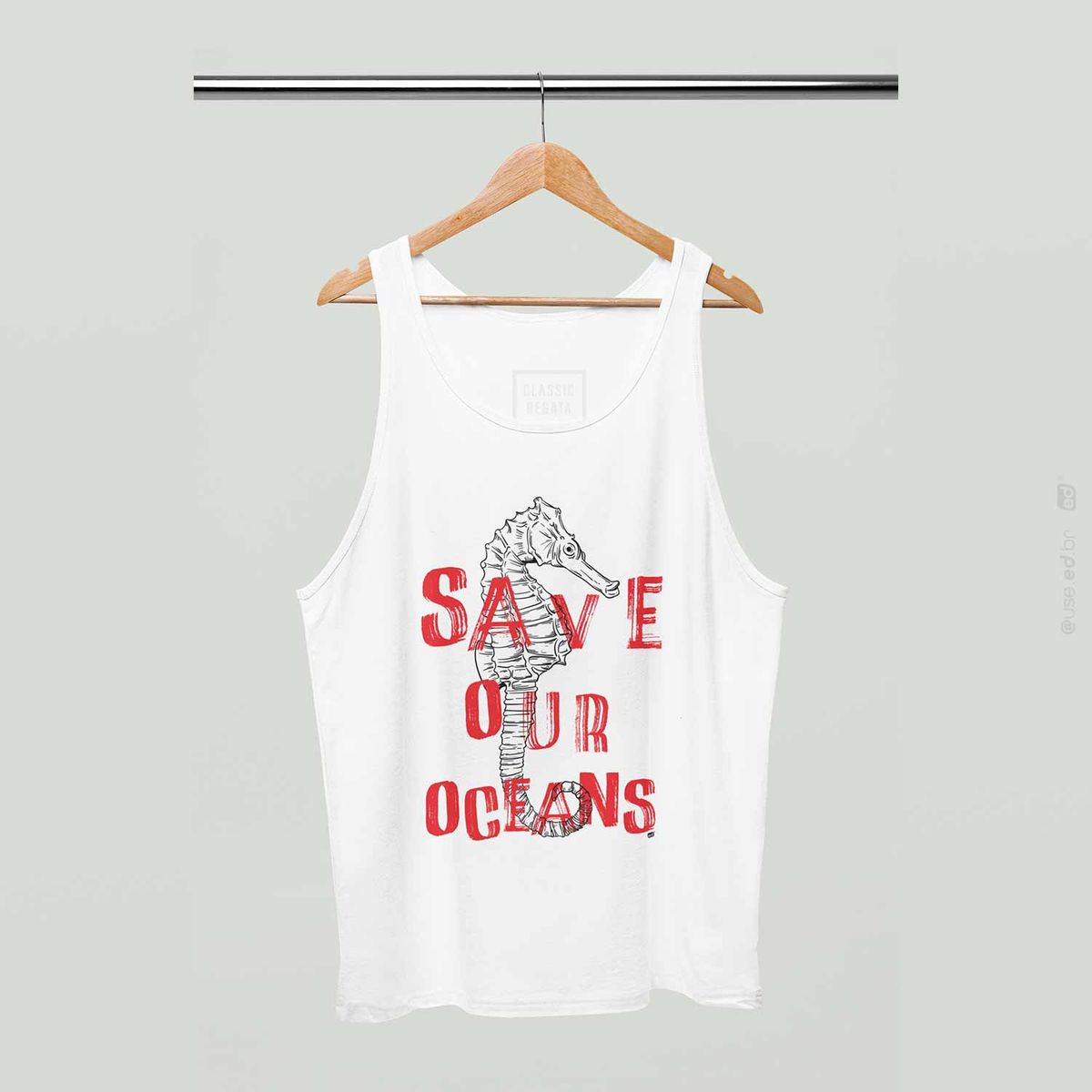 Nome do produto: Save Our Oceans - Camiseta Regata Estampa Cavalo Marinho Branca