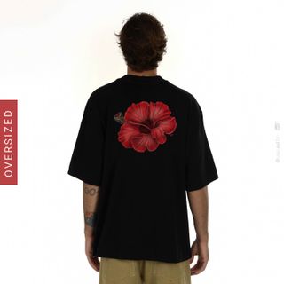 Hibisco - Camiseta Oversized Estampa Hibisco Floral Preta