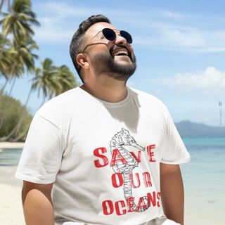 Nome do produtoCamiseta Plus Size Estampa Save Our Oceans Cavalo Marinho