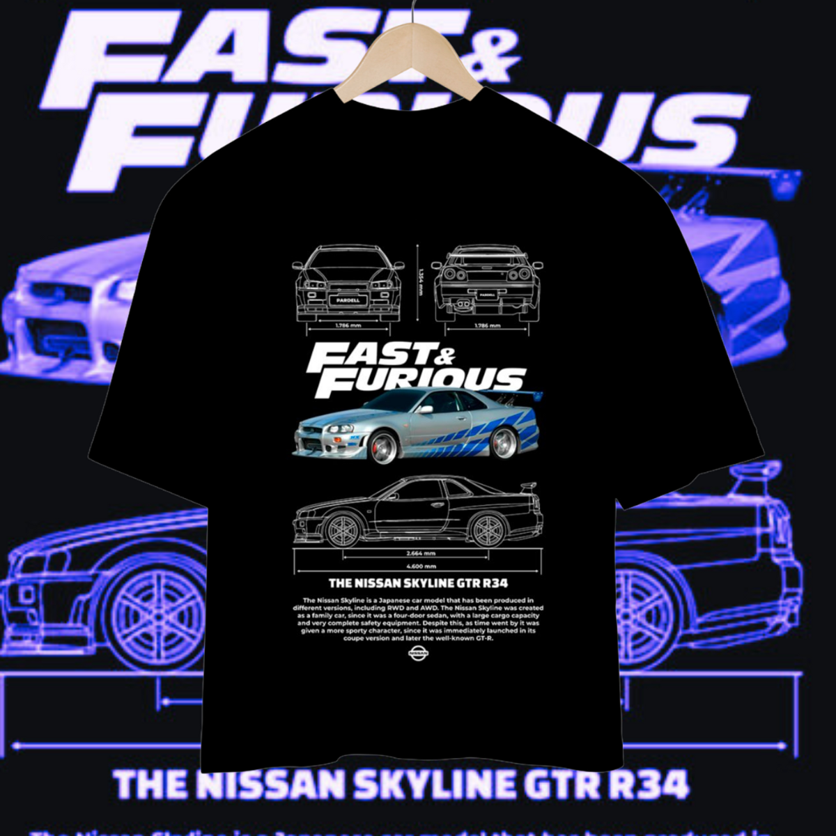 Nome do produto: Camisa Oversized The Nissan Skyline GTR R34 Fast & Furious - 