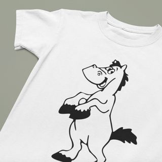 Camiseta Infantil 100% Algodão De 02 A 08 Anos Com Estampa Do Cavalo Pé-De-Pano Super Fofo E Muito Feliz