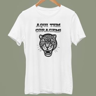Camiseta 100% Algodão: Aqui Tem Coragem! Onça-Pintada Preta e Branca