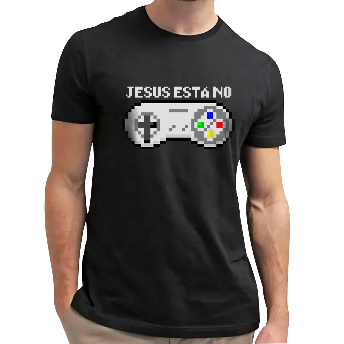 Nome do produto: Camisa Jesus está no controle - Arte 8 bits