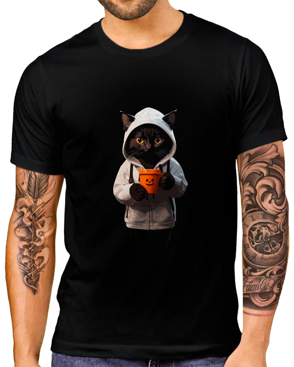 Nome do produto: T-Shirt Masculino Gato tomando Café