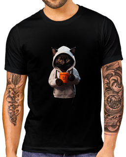 T-Shirt Masculino Gato tomando Café