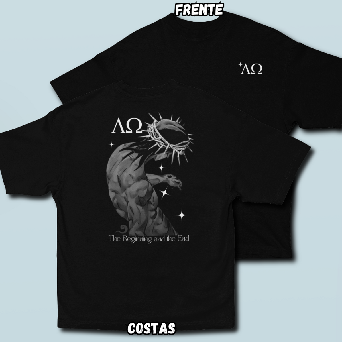 Nome do produto: Camiseta Oversized Alfa Omega Frente Costas