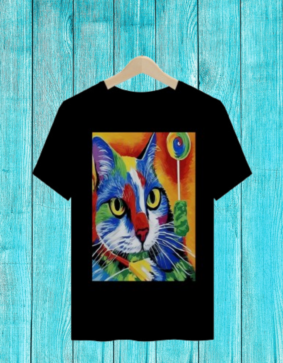 Nome do produto: Camisa Masculina Gato Colorido de Pirulito