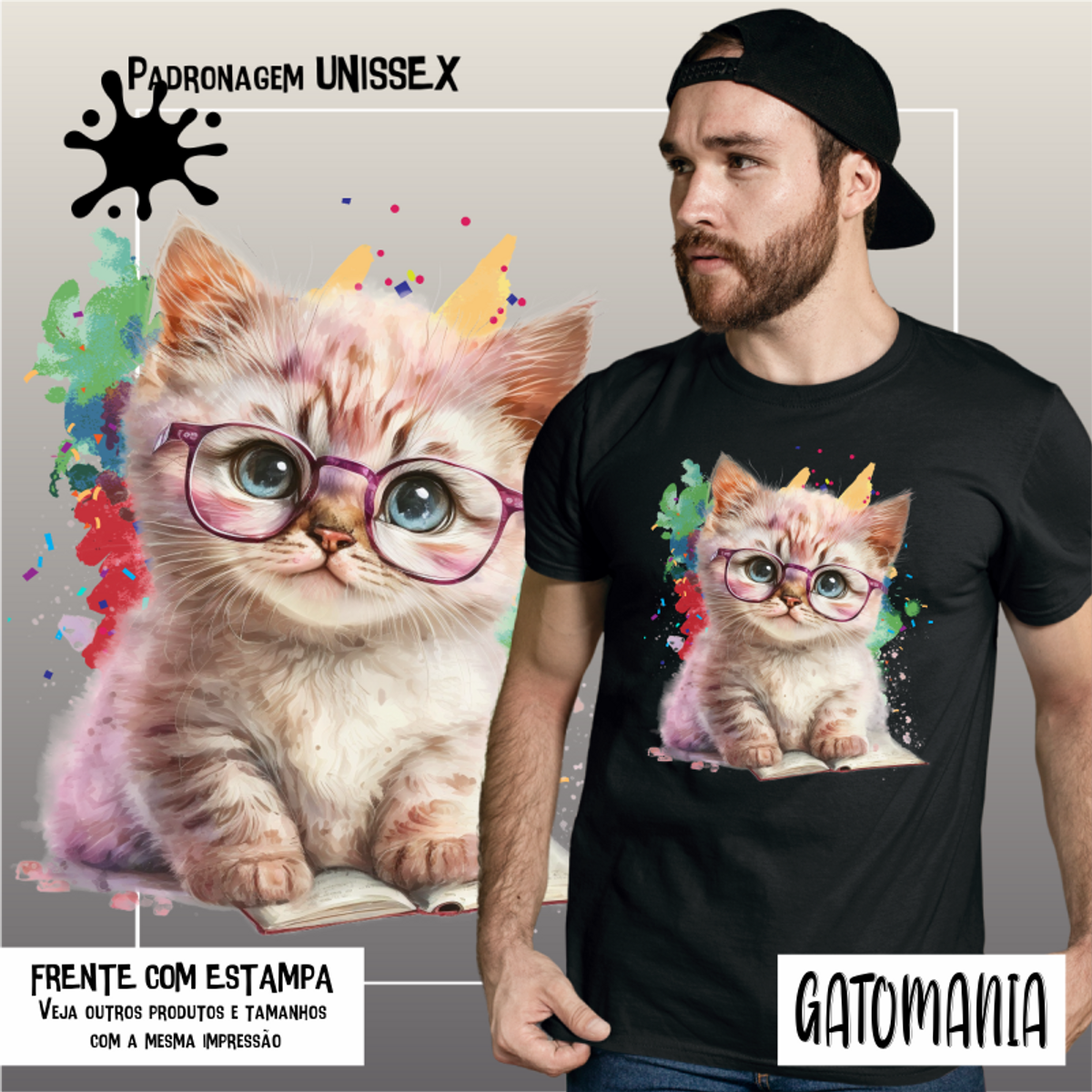 Nome do produto: Camiseta Gato Fofo de óculos com livro  Seremcores