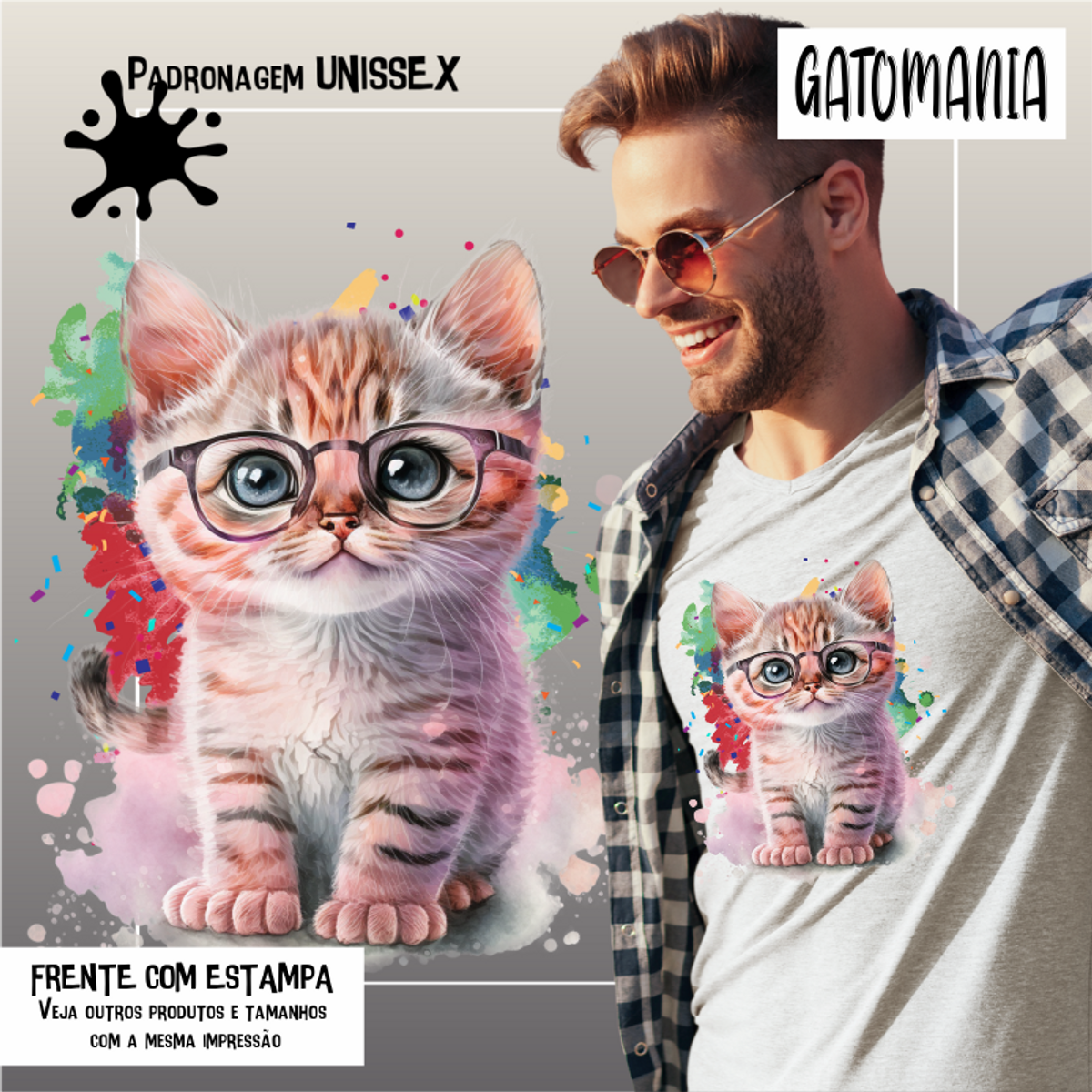 Nome do produto: Camiseta de Gato Fofo de óculos Seremcores 