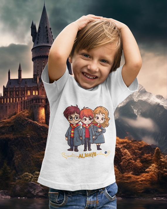 Camiseta Infantil Harry, Ron e Hermione