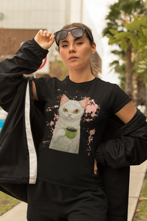 Camiseta feminina gato e café