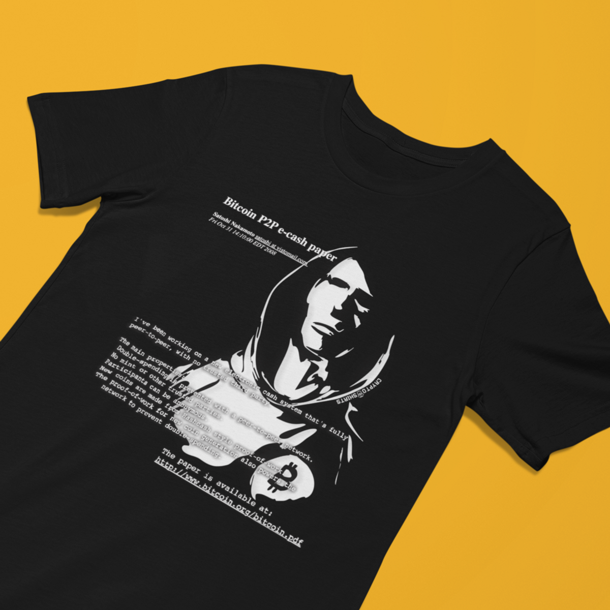 Nome do produto: Camiseta CryptoShirts 26 - Satoshi Presents Bitcoin