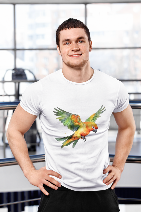 T-Shirt Papagaio Voando em Aquarela