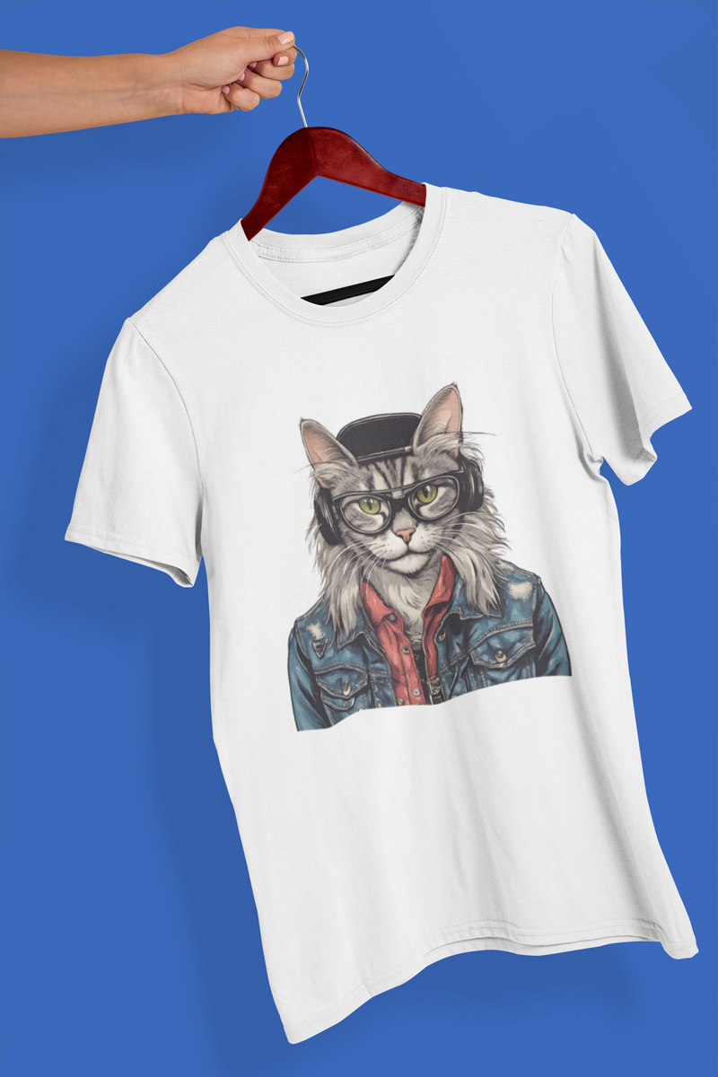 Nome do produto: Camiseta Unissex - Gato de Jaqueta Jeans