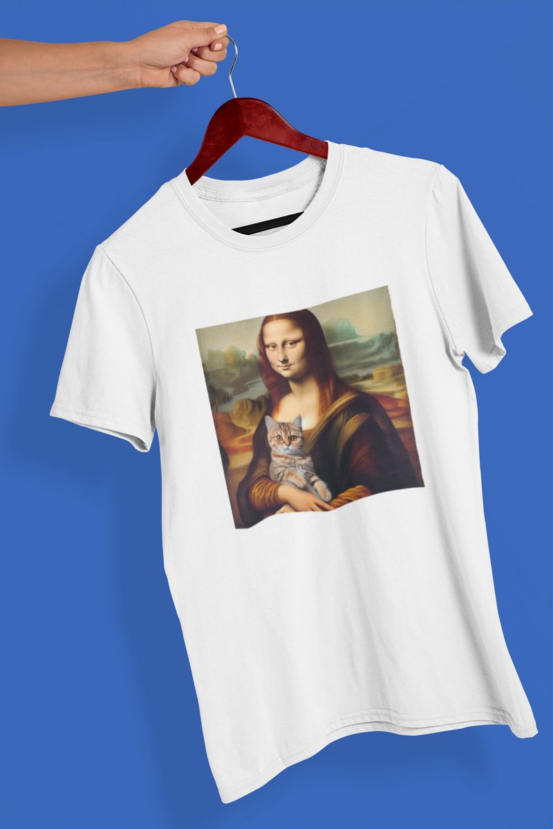 Nome do produto: Camiseta Unissex - Monalisa com gato