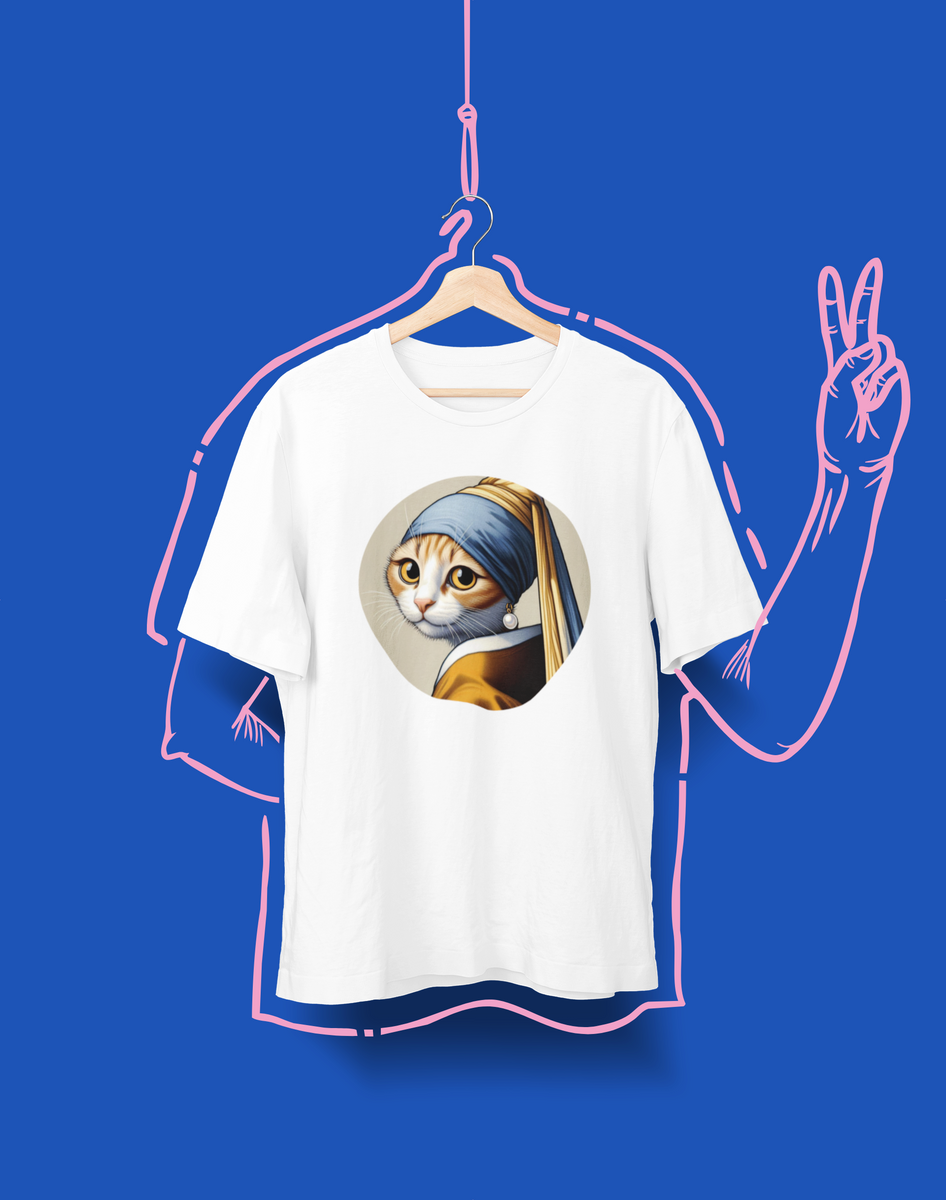 Nome do produto: Camiseta Unissex - Gata com brinco de pérola