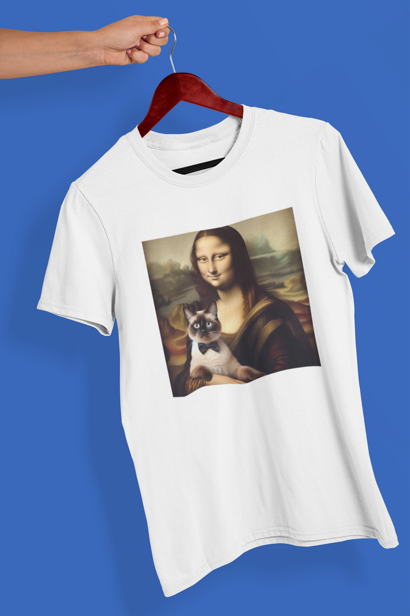 Nome do produto: Camiseta Unissex - Monalisa com gato
