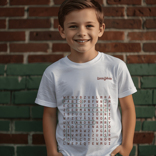 Camiseta Infantil Caça-palavras Elenco 2023 - Estampa grená