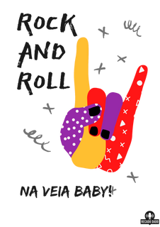 Nome do produtoCamiseta Feliz dia Mundial do Rock Bebê, com estampa de mão punk fazendo chifrinho.