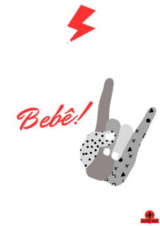 Nome do produtoCamiseta Feliz dia Mundial do Rock Bebê, com estampa de mão punk fazendo chifrinho.