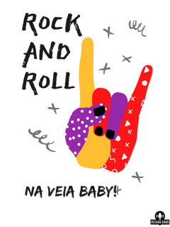 Nome do produtoCamiseta Feliz dia Mundial do Rock Bebê, com estampa de mão punk fazendo chifrinho.