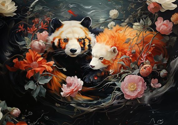 Tela Noite de Pandas e Flores