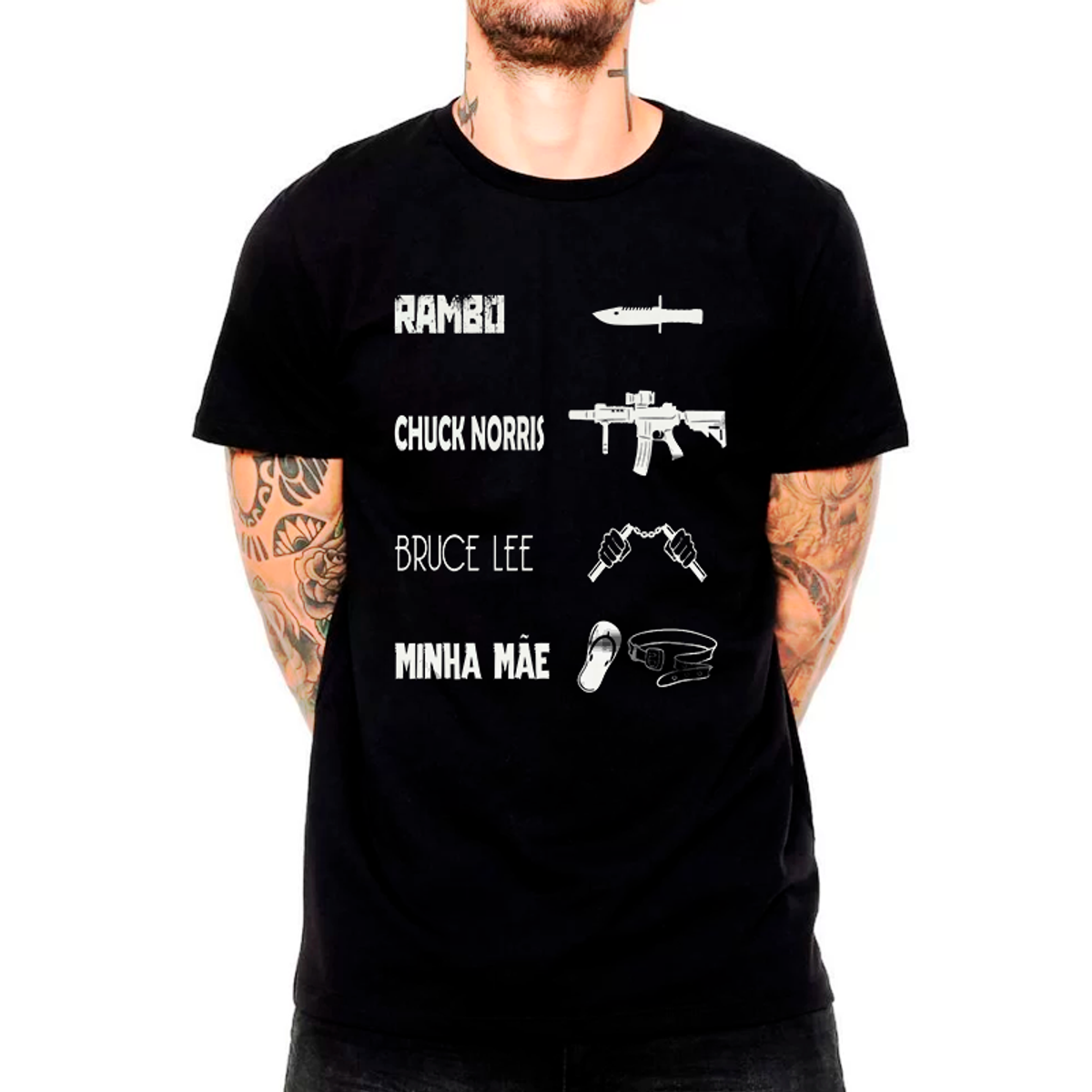 Nome do produto: Camiseta Quality RAMBO CHUCK NORRIS BRUCE LEE MINHA MÃE